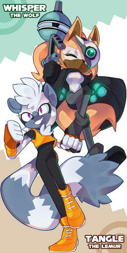 anthro blonde_hair boots breasts brown_body chest_tuft cloak clothing duo eyelashes facial_markings female female_anthro footwear fur gloves grey_body grey_fur hair handwear head_markings markings mask mask_(marking) purple_eyes shoes smile tuft variable_wispon biogems_(artist) idw_publishing sega sonic_the_hedgehog_(comics) sonic_the_hedgehog_(idw) sonic_the_hedgehog_(series) tangle_the_lemur whisper_the_wolf canid canine canis lemur mammal primate ring-tailed_lemur strepsirrhine wolf 2025 absurd_res hi_res