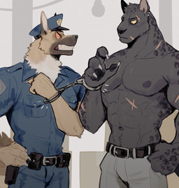 4_fingers abs anthro arrested belt black_body black_fur brown_body brown_fur claws clenched_teeth clothing criminal cuff_(restraint) duo ear_piercing finger_claws fingers fur handcuffed handcuffed_together handcuffs male manly markings melanistic metal_cuffs multicolored_body multicolored_fur muscular muscular_anthro muscular_male navel nipples orange_eyes pawpads pecs piercing police police_officer police_uniform restraints ring_(marking) scar snarling tan_body tan_fur teeth thug tough_guy uniform white_body white_fur yellow_eyes k0bit0wani canid canine canis domestic_dog felid german_shepherd herding_dog leopard mammal pantherine pastoral_dog 2022 absurd_res hi_res