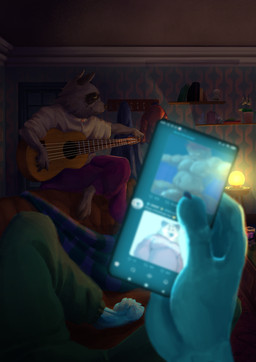 acoustic_guitar anthro calm clothed clothing comfy dim_lighting duo electronics guitar male muscular musical_instrument nude overweight overweight_male phone playing_music plucked_string_instrument short singing slim string_instrument avalath_tiger felid kangaroo macropod mammal marsupial pantherine procyonid raccoon tiger absurd_res hi_res