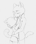 anthro anthro_on_anthro canon_couple clothed clothing duo eyes_closed female fully_clothed fur kissing male male/female simple_background standing white_background s1m aggretsuko sanrio haida_(aggretsuko) retsuko ailurid hyena mammal red_panda spotted_hyena 2021 hi_res monochrome sketch