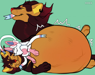 ambiguous_feral ambiguous_gender belly big_belly brown_body brown_fur digitigrade duo ear_piercing ear_ring fangs feral fur huge_belly open_mouth oral_vore orange_body orange_fur pawpads piercing pink_body pink_fur quadruped red_nose red_sclera red_tongue ring_piercing side_view simple_background striped_legs tail teeth text tongue tongue_out vore white_body white_fur yellow_eyes roobin nintendo pokemon eeveelution generation_4_pokemon generation_6_pokemon luxray mammal pokemon_(species) sylveon artist_name hi_res watermark