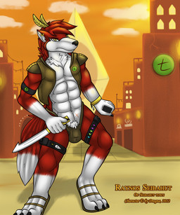 5_fingers abs anthro belt biceps biped bottomwear bulge chest_tuft clothed clothing copyright_symbol dipstick_tail ear_piercing ear_ring fingers footwear fur holding_object holding_weapon hunter knife loincloth male markings muscular muscular_anthro muscular_male open_clothing open_shirt open_topwear outside pecs piercing pose red_body red_fur reverse_grip ring_piercing sandals shirt shoes skimpy solo symbol tail tail_markings topwear tuft underwear weapon white_body white_fur year yellow_eyes dregna canid canine canis mammal wolf 2012 5:6 hi_res