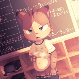 anthro backpack balls blue_eyes bottomwear bottomwear_down brown_body brown_fur camo camo_clothing camo_print camo_underwear chalkboard clothed clothing clothing_lift cute_fangs detailed_background exhibitionism fangs fur genitals male male_anthro navel open_mouth pants partially_clothed pattern_clothing pattern_underwear penis shelf shirt shirt_lift short short_anthro short_male shorts shorts_down solo striped_body striped_fur stripes tan_body tan_fur teeth teeth_showing topwear underwear underwear_down undressing young young_anthro suimatsu domestic_cat felid feline felis mammal 1:1 colored detailed digital_media_(artwork) hi_res