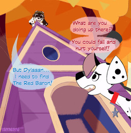 anthro aviator_cap aviator_goggles black_nose black_spots blue_collar blue_sky collar duo facial_markings female fur head_markings heterochromatic_ears male markings mask_(marking) sky speech_bubble spots text tree_house white_body white_fur whitewolf20xx 101_dalmatian_street 101_dalmatians disney dizzy_(101_dalmatians) dylan_(101_dalmatians) canid canine canis dalmatian domestic_dog mammal english_text hi_res