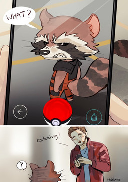 armor blush camera electronics fangs male phone pokeball standard_pokeball teeth kadeart disney guardians_of_the_galaxy marvel marvel_cinematic_universe nintendo pokemon pokemon_go peter_quill rocket_raccoon human mammal procyonid raccoon