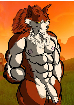 abs anthro balls big_penis cheek_tuft chest_tuft detailed_background facial_tuft foreskin fur game_background genitals male multicolored_body multicolored_fur muscular muscular_male neck_tuft nipples penis red_body red_fur solo tuft two_tone_body two_tone_fur yellow_sclera mementomoriye epic_games fortnite mythology lycan_west_(fortnite) canid canine mammal mythological_canine mythological_creature werecanid werecanine werecreature cel_shading digital_media_(artwork) digital_painting_(artwork) painting_(artwork) shaded