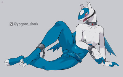 5_fingers 5_toes anthro balls blue_body blue_countershading blush countershade_face countershade_fingers countershade_toes countershading cuff_(restraint) digit_ring erection feet fingers gag genitals glans grey_background humanoid_genitalia humanoid_penis jewelry male markings navel nipple_piercing nipples nude penis piercing plantigrade red_eyes red_markings restraints ring ring_gag shackled_ankles shackled_wrists shackles simple_background solo text toe_ring toes tongue tongue_out white_body white_countershading yogore_shark nintendo pokemon generation_3_pokemon latios legendary_pokemon pokemon_(species) artist_name hi_res shaded