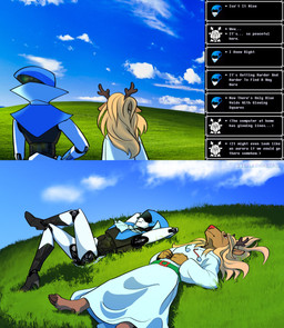 2_toes anthro antlers barefoot blonde_hair clothed clothing cloven_hooves detailed_background dialogue duo feet female hair hooves horn long_hair lying machine on_back outside sky text text_box toes littlesnaketail bliss_(image) deltarune microsoft microsoft_windows undertale_(series) windows_xp noelle_holiday queen_(deltarune) darkner deer humanoid mammal new_world_deer reindeer robot robot_humanoid 2021 absurd_res digital_media_(artwork) english_text hi_res signature