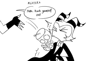 anthro bow_tie clothing dialogue duo eyes_closed female fingerless_gloves freckled_face freckles gloves handwear horn jacket male motion_lines plushie simple_background speech_bubble suit text topwear emositecc hellaverse helluva_boss invader_zim mythology nickelodeon gir_(invader_zim) loona_(helluva_boss) moxxie_(helluva_boss) canid canid_demon canine demon demon_humanoid hellhound humanoid imp mammal mythological_canine mythological_creature english_text hi_res monochrome