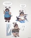 anthro antlers belly_overhang body_pillow body_positivity brown_body brown_fur brown_hair clothed clothing dakimakura dakimakura_pillow eyewear fur glasses hair hooves horn love_handles male mirror moobs nerd open_mouth otaku overweight overweight_anthro overweight_male pillow reflection solo text tissue tissue_box yellowhellion timo_(yellowhellion) deer mammal new_world_deer reindeer 2022 english_text hi_res