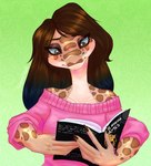 anthro book breasts brown_body brown_eyes brown_hair brown_scales clothed clothing eyebrows eyelashes female green_background hair holding_book holding_object humanoid_hands long_hair mockingjay_symbol pink_clothing pink_sweater pink_topwear reading reading_book scales simple_background solo sweater topwear sugaryskull the_hunger_games hog-nosed_snake reptile scalie snake 2023 bust_portrait digital_drawing_(artwork) digital_media_(artwork) portrait