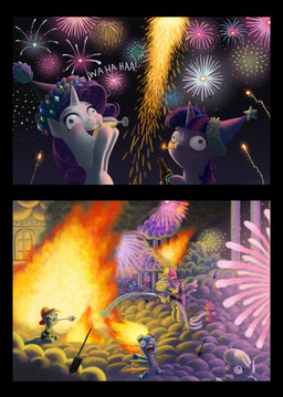 blue_eyes cutie_mark drinking drunk feathered_wings feathers female feral fire firefighter fireworks fur glass group hair horn multicolored_hair night purple_body purple_fur purple_hair substance_intoxication text turnout_gear white_body white_fur wings awilddrawfagappears friendship_is_magic hasbro my_little_pony mythology cheerilee_(mlp) derpy_hooves_(mlp) rarity_(mlp) spitfire_(mlp) twilight_sparkle_(mlp) wonderbolts_(mlp) equid equine horse mammal mythological_creature mythological_equine pegasus pony unicorn 2012 comic digital_media_(artwork) english_text hi_res