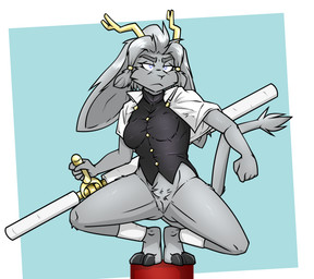 anthro antlers black_clothing black_shirt black_topwear black_vest blue_eyes bottomless breasts casual_exposure clothed clothing club_(weapon) dream_breaker_(pseudoregalia) female fur genitals grey_body grey_fur grey_hair hair horn long_ears mantle melee_weapon nightstick shirt simple_background solo tail topwear tuft vest vulva weapon ryofox630 pseudoregalia sybil_(pseudoregalia) bovid caprine goat jackalope lagomorph leporid mammal rabbit digital_media_(artwork) hi_res