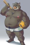 2023 absurd_res anthro armor balls_outline belly big_belly bulge clothing detailed_bulge genital_outline hard_hat headgear helmet hi_res kemoniku120 kemono male mammal moobs musclegut muscular navel nipples overweight overweight_male simple_background solo suid suina sus_(pig) underwear wild_boar