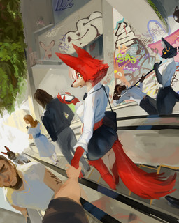 accessory ambiguous_gender anthro black_body black_fur bottomwear breasts brown_body brown_fur butt cellphone clothed clothing clothing_pull day ear_piercing ear_ring electronics escalator faceless_character female first_person_view fur group hair hand_holding long_ears looking_back male midriff miniskirt mostly_offscreen_character multicolored_body multicolored_fur necktie necktie_pull orange_eyes phone piercing pov_hands red_body red_fur ring_piercing skirt topwear two_tone_body two_tone_fur white_body white_fur white_hair swiwwel bacardi_(muart242) mutt_(muart242) canid canine canis domestic_cat domestic_dog felid feline felis human lagomorph leporid mammal rabbit absurd_res hi_res