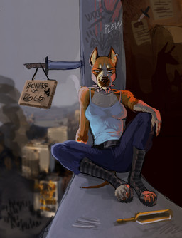 anthro biped boots clothed clothing collar dagger female footwear knife looking_at_viewer melee_weapon shoes sitting solo spiked_collar spikes weapon plgdd canid canine mammal hi_res