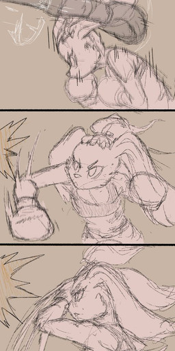 anthro attack boxing boxing_attire boxing_gloves boxing_trunks clothing comic_panel defensive duo female handwear punch sport chamma_retsuden canid canine canis domestic_dog mammal hi_res