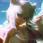 breasts chromatic_aberration cleavage clothed clothing eyelashes female hair head_print lips long_hair off_shoulder pajamas pattern_clothing pattern_pajamas paw_pose pose print_clothing print_pajamas smile solo text white_hair yellow_eyes guweiz bakemonogatari monogatari nekomonogatari black_hanekawa hanekawa_tsubasa animal_humanoid cat_humanoid felid felid_humanoid feline feline_humanoid humanoid mammal mammal_humanoid 1:1 url watermark