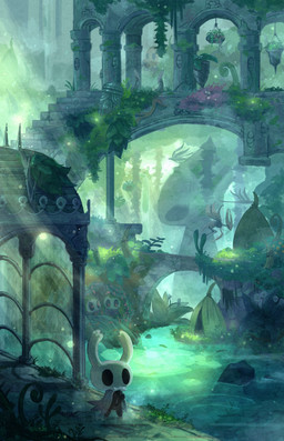 2_horns ambiguous_gender biped black_body black_eyes claws cloak clothing detailed_background flower flying group holding_flower holding_object horn orange_eyes outside plant sculpture solo_focus stairs statue water white_flower wings blipbugbug hollow_knight_(franchise) team_cherry the_knight_(hollow_knight) arthropod infected_(species) vessel_(species) 2023 absurd_res hi_res painting_(artwork)