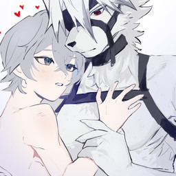 anthro blush clothed clothing cuddling duo fur grey_hair hair harness heart_symbol leather leather_harness male male/male topless white_body white_fur sai_art mihoyo zenless_zone_zero von_lycaon wise_(zenless_zone_zero) canid canine canis human mammal wolf 1:1 hi_res