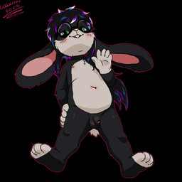 4_toes 5_fingers anthro balls balls_blush belly biped black_body black_fur blush body_blush buckteeth countershade_toes countershading eyewear feet fingers flaccid foreskin fur genitals gesture glans glasses green_eyes hair half-closed_eyes hand_on_hip humanoid_genitalia humanoid_penis long_ears long_hair looking_at_viewer looking_down looking_down_at_viewer male multicolored_hair narrowed_eyes navel nipples nude paws penis penis_blush plantigrade pose round_glasses slightly_chubby small_balls small_penis smile soles solo teeth toeless_(marking) toes unretracted_foreskin waving white_body white_fur young young_anthro young_male oddscreen lagomorph leporid mammal rabbit 1:1