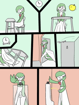 bathroom bodily_fluids clock clothed clothing dress femboy foreskin genital_fluids genitals green_hair hair holding_crotch male male_peeing omorashi peeing penis pokemorph red_eyes school solo urinal urine urine_meter urine_stream alejandrodelfuego nintendo pokemon gardevoir generation_3_pokemon pokemon_(species) 2017 3:4 comic hi_res