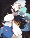 ambiguous_gender anthro blue_hair eyes_closed fangs gem hair jewelry open_mouth pearl_(gem) simple_background solo star star_symbol starfish_(accessory) teeth white_body sstoh nintendo pokemon asterozoan echinoderm generation_7_pokemon marine pokemon_(species) primarina starfish 2025 hi_res