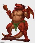 anthro big_muscles bottomwear claws clothing fantasy food hungry loincloth male meat musclegut muscular overweight overweight_male red_body scales skirt solo spread_wings tail wings yellow_eyes buckovskiart mythology weretober dragon mythological_creature mythological_scalie scalie 4:5 absurd_res hi_res