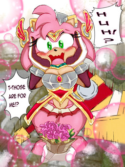 ambiguous_gender anthro armor biceps blush bottomwear clothing dialogue duo female flower flustered fur gloves green_eyes hammer hand_on_face handwear pink_body pink_fur plant skirt speech_bubble text thick_thighs tools chiridaigo sega sonic_the_hedgehog_(series) amy_rose eulipotyphlan hedgehog mammal 3:4 absurd_res english_text hi_res
