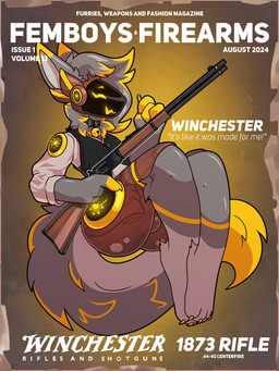 anthro bell bell_collar bulge bullet claws clothed clothed_anthro clothing collar femboy fluffy fluffy_tail gun leg_markings machine male male_anthro markings ranged_weapon rifle smile socks_(marking) solo tail text toe_claws weapon winchester_1873 marcus_gray femboys_and_firearms winchester_repeating_arms_company protogen 3:4 cover english_text hi_res magazine_cover