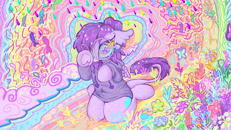 abstract_background anthro bodily_fluids clothing colorful_background colorful_eyes crying cutie_mark eyewear female glasses hair hooves kneeling purple_body purple_eyes purple_hair raining solo tail tears wearing_glasses wings wiping_tears larvaecandy hasbro my_little_pony vylet_pony fan_character vylet equid equine horse mammal pony 16:9 album_cover colored cover cover_art widescreen