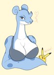 anthro big_breasts blush blush_lines bra breasts cleavage clothed clothing duo female flippers heart_symbol lips looking_at_viewer narrowed_eyes smile solo_focus surprise underwear alekoin nintendo pokemon generation_1_pokemon lapras pikachu pokemon_(species) hi_res meme