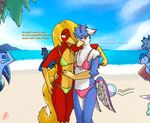 anthro beach beak being_watched bikini bikini_bottom bikini_top bulge clothed clothing crossdressing detailed_bulge feathers femboy hair long_hair long_tail looking_at_another male red_body red_feathers seaside string_bikini swimwear tail text two-piece_swimsuit yellow_beak yellow_body yellow_feathers fridaylugia mythology glori_gamebird nero_(fridaylugia) avian bird chrysolophus galliform golden_pheasant gryphon mythological_avian mythological_creature phasianid english_text hi_res