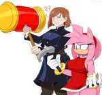 anthro big_breasts breasts clothed clothing confusion duo ellipsis female green_eyes hammer holding_object nail piko_piko_hammer question_mark simple_background standing tools white_background jinu jujutsu_kaisen sega sonic_the_hedgehog_(series) amy_rose nobara_kugisaki eulipotyphlan hedgehog human mammal absurd_res crossover hi_res