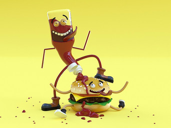 ambiguous_gender black_eyes boots bread burger cheese clothing dairy_products duo expressions food footwear fruit ketchup lettuce male male/ambiguous not_furry open_mouth orgasm plant playing shoes stick teeth tomato tongue tongue_out vegetable daniel_slusarz food_creature humanoid living_burger 3d_(artwork) 4:3 digital_media_(artwork)