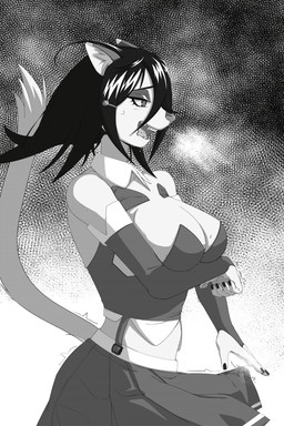 anthro bodily_fluids bottomwear bulge clothing cum erection erection_under_clothing genital_fluids gynomorph intersex manga_style saliva shaking simple_background skirt solo steam sweat text textured_background trembling uniform mofa monster_factory patchie patchie_stitches felid feline mammal 2:3 absurd_res english_text hi_res screentone