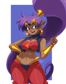 bandeau big_breasts blue_eyes breasts circlet clothing dark_body dark_skin ear_piercing ear_ring eyebrows eyelashes female gesture hair hand_gesture hand_on_hip humanoid_pointy_ears long_hair midriff navel not_furry open_mouth open_smile piercing pointy_ears ponytail purple_hair raised_finger raised_index_finger ring_piercing smile soft_abs solo topwear vest wide_hips tovio_rogers shantae_(series) wayforward shantae genie humanoid 2026 hi_res
