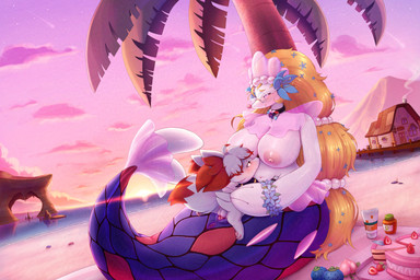accessory anthro anus balls beach beach_towel big_breasts blonde_hair blue_body blue_eyes blue_scales bodily_fluids breasts building cake cleavage clothed clothing dessert duo eyewear female feral feral_on_top fin flower flower_bracelet flower_in_hair food fruit fur genital_fluids genitals glasses grey_body grey_fur hair hair_accessory heart_eyes heart_symbol hug inner_ear_fluff larger_female long_hair male male/female oran_berry palm_tree paws pecha_berry penetration penile penile_penetration penis penis_in_vagina plant pokemon_berry red_body red_eyes red_fur rock rock_formation scales sea size_difference sky smaller_male smile sunscreen sunset towel tree tuft vaginal vaginal_fluids vaginal_penetration vitamin vulva water white_body larsspawn nintendo pokemon ashenheart_(sharow_loux) aquatic canid canine fennekin generation_6_pokemon generation_7_pokemon mammal pinniped pokemon_(species) primarina shiny_pokemon 2025 absurd_res hi_res