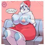 anthro areola big_breasts blue_eyes blush bodily_fluids breast_milking breasts brown_nose christmas_clothing christmas_decorations christmas_headwear christmas_present clothed clothing dialogue female fur fur_markings gift hair hat headgear headwear heart_areola heart_symbol holding_breast holidays huge_breasts implied_breastfeeding lactating looking_at_viewer markings mature_female milk milking_self multicolored_body nipples pink_areola pink_nipples santa_hat simple_background sitting slightly_chubby slightly_chubby_female smile solo speech_bubble text thick_thighs tuft two_tone_body white_body white_fur suger_phox christmas layla_(suger_phox) bear mammal polar_bear ursine 1:1 digital_media_(artwork) english_text hi_res shaded