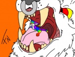 anthro body_in_mouth canid canine cookiekangaroo duo facial_piercing fangs feet_first felid fench fur gaping_mouth hybrid larger_male male male/male mammal micro mouth_shot multicolored_body multicolored_fur nose_piercing nose_ring open_mouth orange_background palate piercing rainbow rainbow_body rainbow_fur ring_piercing septum_piercing simple_background size_difference smaller_male sparkledog teeth tongue uvula vore