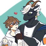 anthro beverage black_body black_fur blush duo fur hair heart_symbol horn male male/male white_hair matsuri0819tas lifewonders tokyo_afterschool_summoners protagonist_(tas) tanngrisnir_(tas) twink_protagonist_(tas) bovid caprine goat human mammal 1:1 hi_res