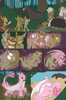 apron backsack balls biped black_body black_scales cauldron chef_hat clothing countershade_torso countershading day ear_piercing ear_ring eyes_closed feathered_wings feathers female feral forest fusion gem genitals green_body green_skin grin group hat headgear headwear holding_object larger_feral magic male membrane_(anatomy) membranous_wings merging nude piercing pink_body pink_scales plant quadruped ring_piercing scales sharp_teeth shrub size_difference smaller_humanoid smile snaggle_teeth species_transformation teeth text transformation tree walking white_apron white_body white_clothing white_countershading white_scales wings fuf dreamworks european_mythology how_to_train_your_dragon mythology toothless dragon fury_(httyd) goblin humanoid mythological_creature mythological_scalie night_fury scalie western_dragon 2018 comic english_text hi_res