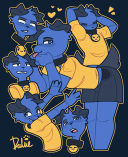 anthro arms_above_head bent_over black_collar black_eyes black_nose blep blue_eyes bottomwear clothing collar eyes_closed floppy_ears front_view grey_bottomwear grey_clothing grey_shorts male multiple_poses open_mouth pose pupils shirt shorts side_view sneer solo sparkles sparkling_eyes stretching t-shirt tongue tongue_out topwear unimpressed yellow_clothing yellow_shirt yellow_topwear dalueart dalue_(dalueart) canid canine canis domestic_dog mammal 2026 hi_res