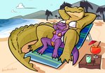 anthro beach beach_chair beverage_can bikini breast_size_difference breasts clothing cocktail_glass container cup drinking_glass duo eyes_closed female female/female glass glass_container glass_cup green_body green_scales hands_behind_head larger_female lying_on_another mountain outside purple_body purple_scales reclining relaxing scales sea seaside sharp_teeth size_difference sky smaller_female smile swimwear teeth two-piece_swimsuit water dubindore boobindore_(dubindore) crocodilian kobold reptile scalie hi_res