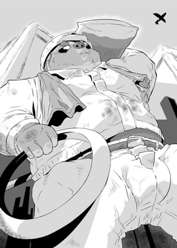anthro armor bottomwear bulge clothing hard_hat headgear helmet kemono male overweight overweight_male pants shirt solo standing topwear tachiuo canid canine mammal raccoon_dog tanuki 2026 absurd_res hi_res monochrome
