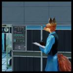 anthro black_border border bottomwear clipboard clothed clothing computer dual_holding electronics female holding_clipboard holding_object holding_pen holding_writing_utensil pen skirt solo standing topwear vest writing_utensil monoxromatik ibm canid canine fox mammal hi_res