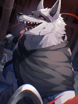 anthro black_nose blood bodily_fluids cloak clothing fur grey_body grey_fur holding_object holding_weapon looking_at_viewer male melee_weapon midriff navel open_mouth red_eyes solo teeth tongue weapon ponzu_tas dreamworks puss_in_boots_(franchise) death_(puss_in_boots) canid canine canis mammal wolf 2023 3:4 hi_res