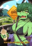 anthro beverage big_breasts bikini bikini_top black_bikini black_clothing black_swimwear blurred_background blush bodily_fluids breasts car cleavage clothed clothing female freckled_breasts freckled_face freckles freckles_on_shoulders green_body green_hair green_scales green_skin hair inside_car looking_at_viewer navel non-mammal_breasts open_mouth road_sign scales seatbelt sign solo sweat swimwear talking_to_viewer text thong_bikini triangle_bikini two-piece_swimsuit vehicle yellow_sclera sebasdono cavemanon_studios godzilla_(series) i_wani_hug_that_gator starbucks toho godzilla olivia_halford baryonyx dinosaur prehistoric_species reptile scalie spinosaurid theropod 2024 absurd_res digital_media_(artwork) english_text hi_res