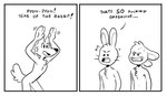 angry anthro bodily_fluids border buckteeth chest_tuft dialogue ears_down facial_tuft featureless_crotch group head_tuft humor long_ears male open_mouth pivoted_ears profanity smile sweat tail tail_tuft teeth text trio tuft two_panel_image whiskers white_border redic-nomad chinese_zodiac year_of_the_rabbit canid canine canis lagomorph leporid mammal rabbit wolf comic english_text monochrome