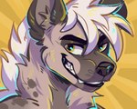 abstract_background anthro black_lips hair headshot_portrait hi_res hyena inner_ear_fluff lips looking_at_viewer mammal neck_tuft portrait pur-fox smile solo teeth tuft yellow_eyes